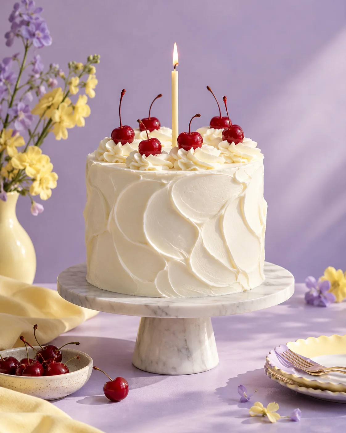 Kek hari jadi putih dengan ceri dan lilin di atas latar lilac